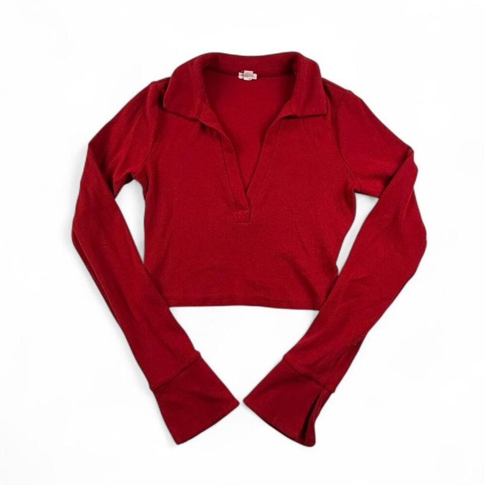 Garage Red Cropped Long Sleeve Polo Top Women’s Size Medium Preppy Y2K
